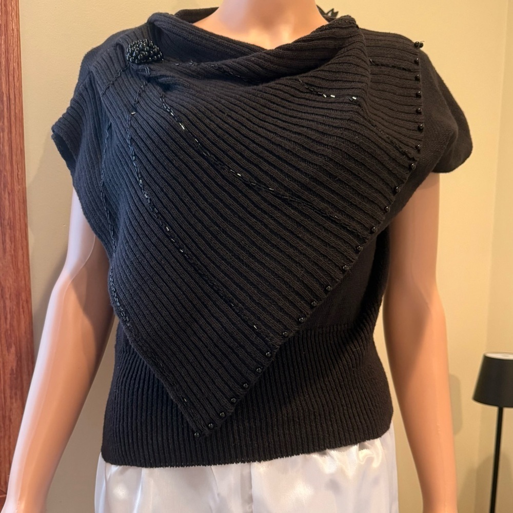Vintage Organically Grown Black Ribbed Asymmetrical Knit Top Beaded Size L
